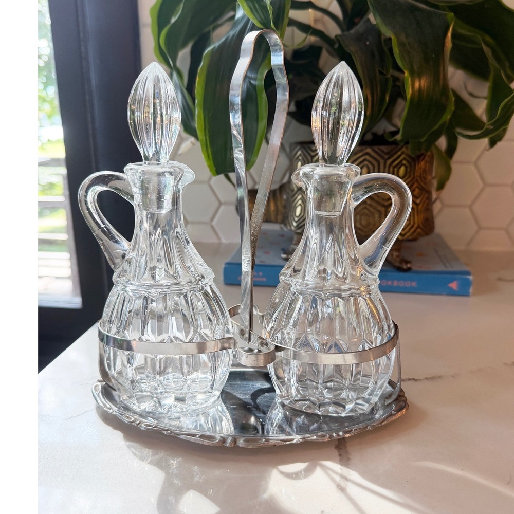 Vintage cut-crystal and silver-plated oil and vinegar cruet set
